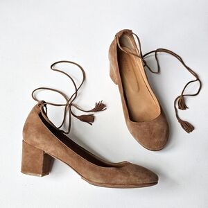 Sézane Valentina Suede Pumps Brown Lace-Up Tassel Heels EU 39 Made Portugal